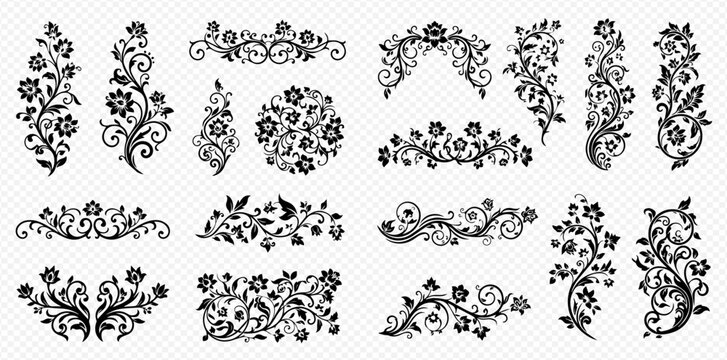 Set of decorative floral ornaments, dividers, and borders with elegant flowers and leaves, vintage design elements in black and white.