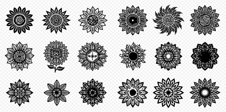 Collection of decorative mandala-style sunflower icons in black and white, perfect for design elements.