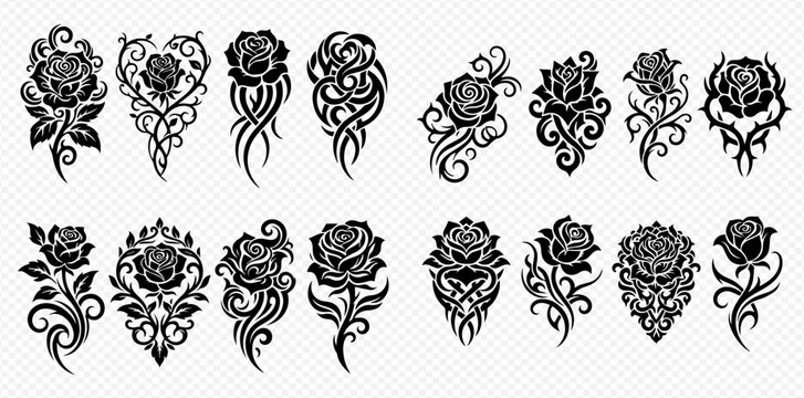 Set of black and white rose tribal tattoo designs, floral elements for decoration, vector illustration.