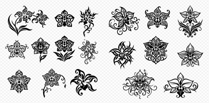 Set of intricate black and white orchid flower designs with decorative swirls and leaves, perfect for elegant tattoos or graphic elements.