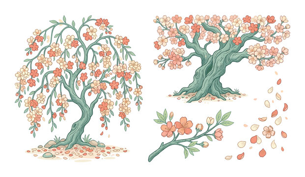 Blooming sakura tree set with falling pink petals on white background