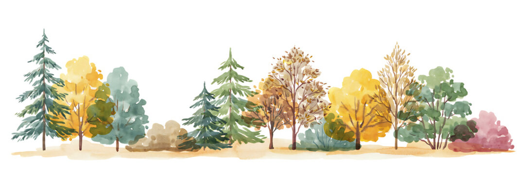Hand-painted watercolor forest border featuring diverse trees including pine and oak in autumn colors isolated on a white background, for use