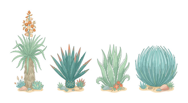 Botanical illustration of four desert succulent and agave plants