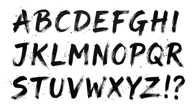 Artistic black ink brush stroke alphabet vector illustration featuring rough textured letters on white background