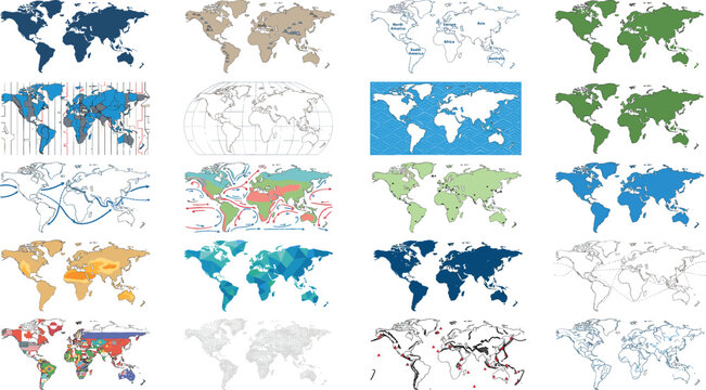 Collection of world map vectors in various styles and colors isolated on white background