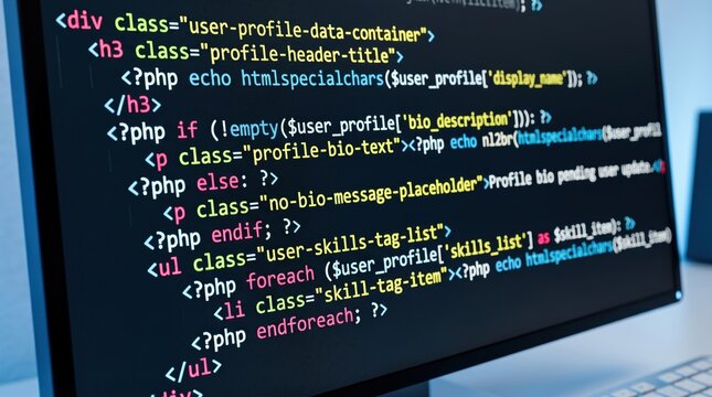 Close up of computer screen displaying PHP and HTML source code, web development programming script, software engineering workflow, coding interface for website design and backe...