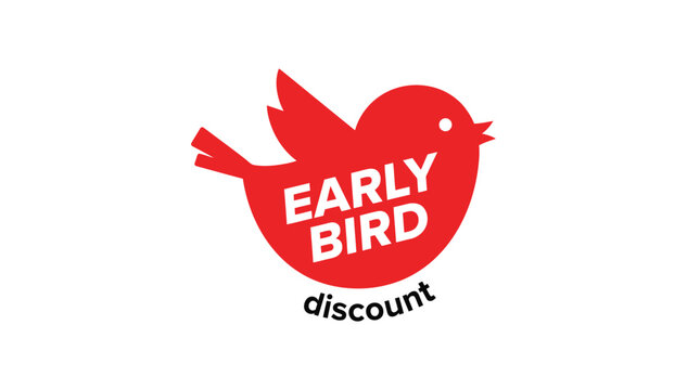 Minimalist red bird vector illustration design featuring bold white typography for an early bird discount