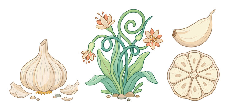 Detailed botanical illustration of garlic bulb, plant, and sliced clove.