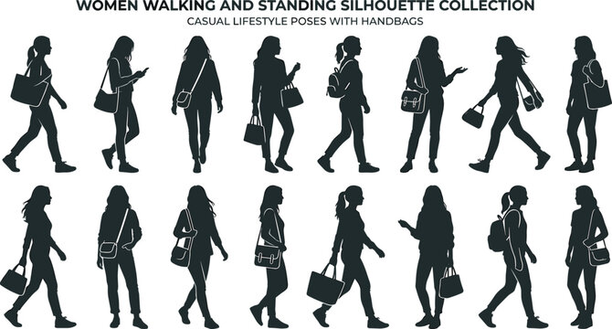 Collection of female silhouettes in casual walking and standing poses with various handbags and backpacks