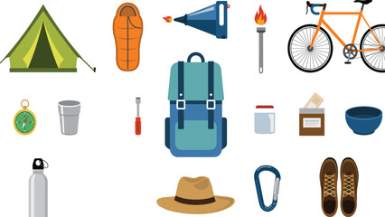 Camping and outdoor adventure gear vector icon element set with tent backpack bicycle boots compass and tools © mstlipibegum