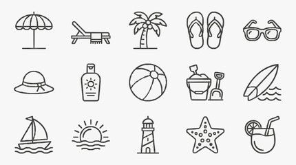 Fototapeta premium Creative Black and White Line Icons Set Featuring Beach Vacation and Summer Essentials with high quality professional line art symbols for modern creative design and digital branding projects
