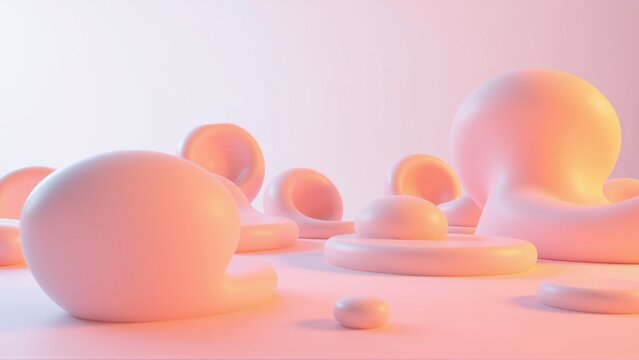 Soft pink spheres, oblong shapes create abstract landscape. Minimalist scene, gentle lighting, smooth textures dominate composition.