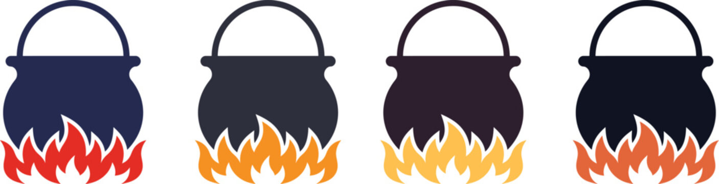 Halloween Witch Cauldron Icon Set with Burning Fire Flame Vector