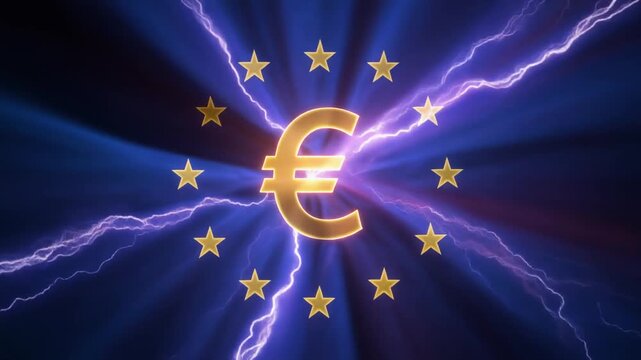 A radiant golden euro shines within twelve stars, surrounded by purple lightning, symbolizing European unity, financial power, and the energetic influence of global economic strength.