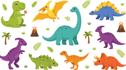 Cute baby dinosaur cartoon character set with tyrannosaurus triceratops brachiosaurus stegosaurus volcano and tropical leaves © mstlipibegum