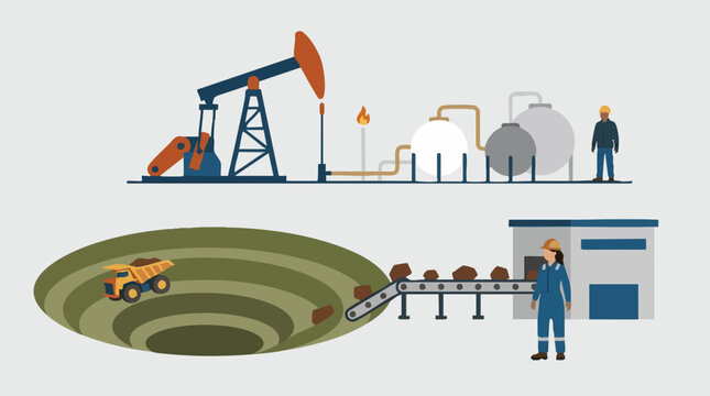 Industrial processes illustration: oil and gas extraction with mining operations