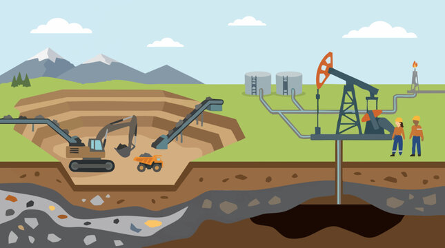 Illustration of Coal Mining and Oil Extraction Operations