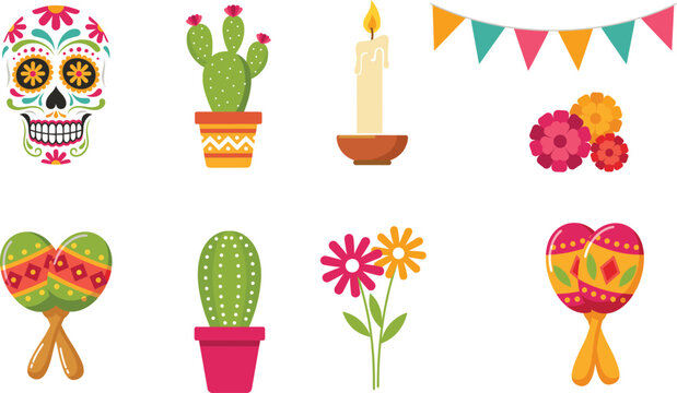 Day of the Dead and Mexican fiesta vector icon set with sugar skull maracas cactus and bunting flags