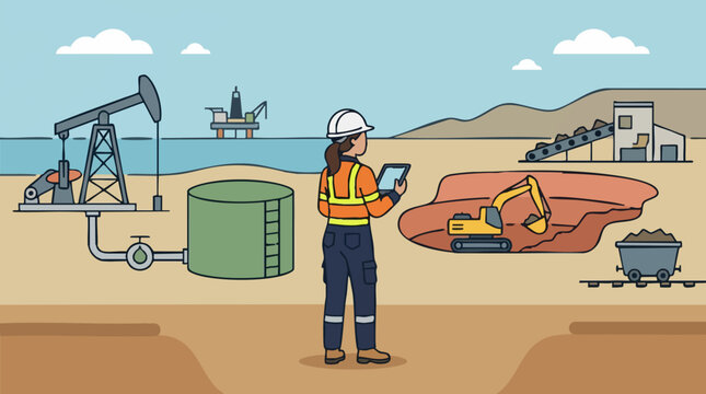 Illustration of oil extraction and mining processes with an industrial worker
