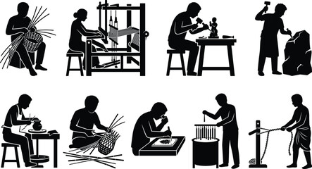 Fototapeta premium Traditional Handicraft Artisan Silhouette Collection with Craftsmanship Pottery Weaving and Woodworking Vector Set