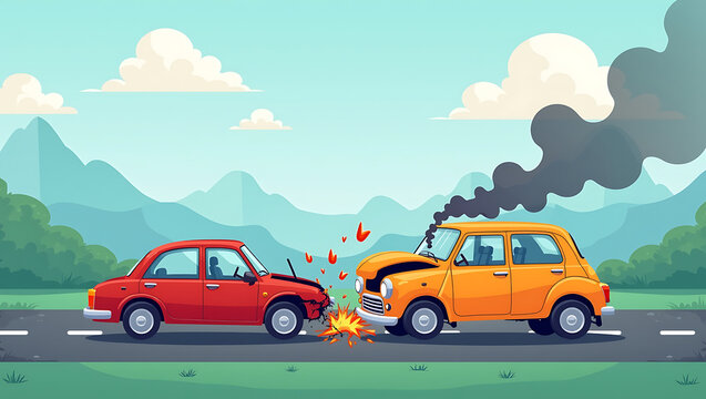 Car crash scene with damaged vehicles and smoke vector illustration with scenic background vehicle collision