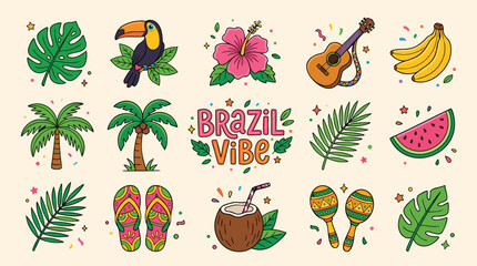 Brazilian tropical icons with leaves toucan guitar and fruit on beige background © Amirul