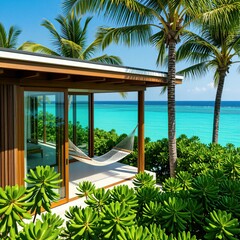 Obraz premium Modern overwater villa with glass walls and hammock offers ocean view. Lush green plants surround the tropical vacation home with clear blue water.