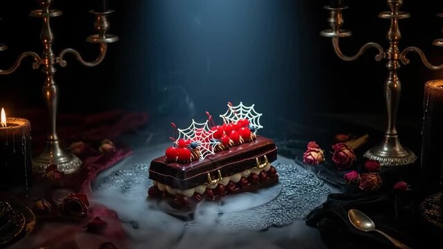 Gothic coffin cake decorated with spider webs and berries in dark setting