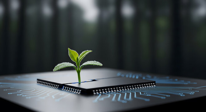 A small green sprout growing from a computer microchip representing sustainable technology.