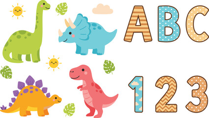 Cute dinosaur cartoon character set with abc alphabet letters and 123 numbers for kids education © mstlipibegum