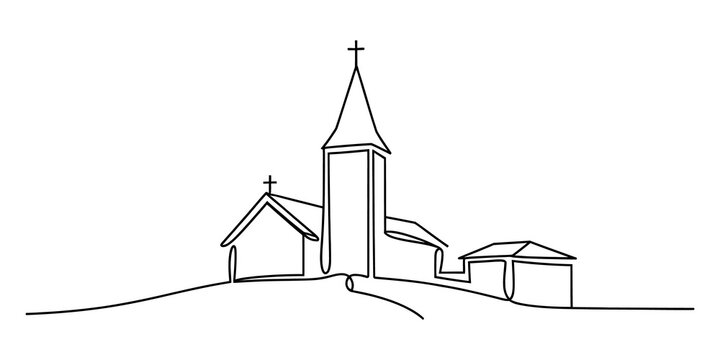 Continuous single line drawing of a church building on a hill