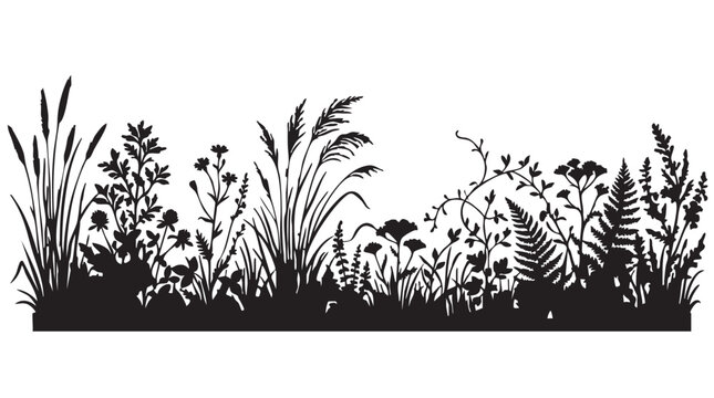Plants Growing in a Garden with Various Leaves and Flowers in a Black and White Illustration Style featuring nature, botanical, foliage