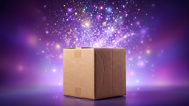 Cardboard box with magical glowing sparkles and purple light explosion