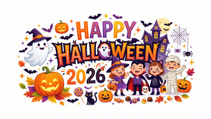 Fototapeta premium Happy Halloween 2026 Greeting Card with Kids in Costumes, Ghosts, and Pumpkins