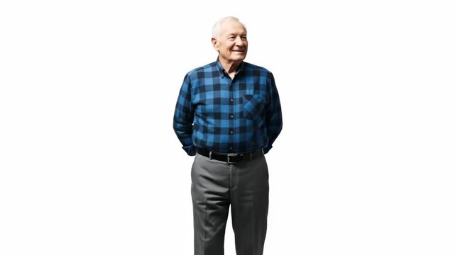 A mature man standing comfortably while wearing a blue flannel shirt and pants