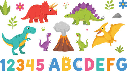 Cute dinosaur cartoon character set with colorful alphabet letters and numbers for kids early education © mstlipibegum