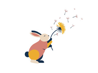 Fototapeta premium Cute Minimalist Illustration of a Little Bunny Rabbit Holding a Dandelion Flower with Seeds Blowing