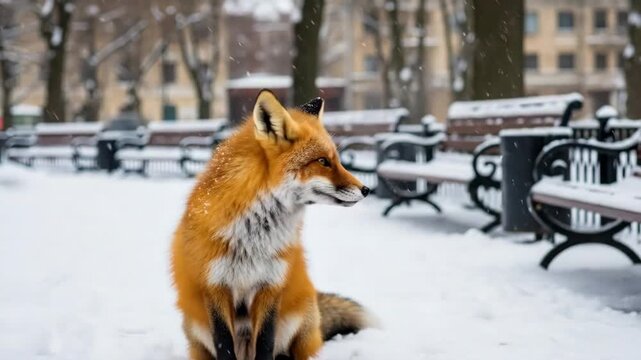 A vibrant red fox sitting on the snow covered ground in a quiet city park