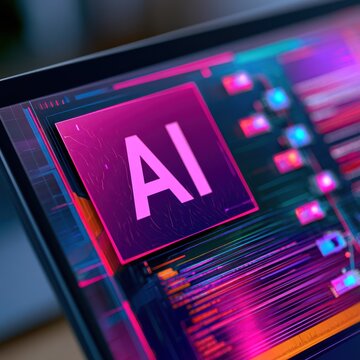 AI logo displayed on laptop screen with neon lighting.