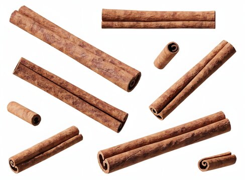 Organic dried cinnamon bark rolls scattered in dynamic angles. Kitchen culinary flavorings and seasonal winter beverage spices. Raw natural seasoning sticks isolated on a white background