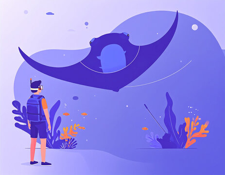 Male diver with backpack standing and watching a giant purple manta ray swimming above flat vector character illustration