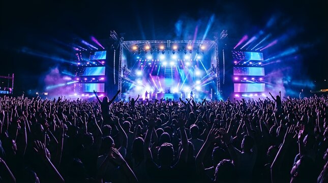 Crowd of people at a live music concert with blue stage lights at night