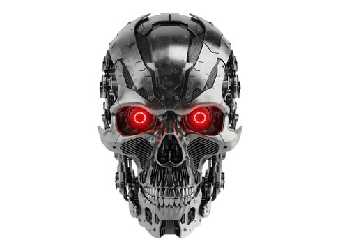 Futuristic robot skull head and advanced artificial intelligence cybernetics. Dystopian sci fi technology concept. Metallic terminator cyborg face staring ahead with glowing red eyes
