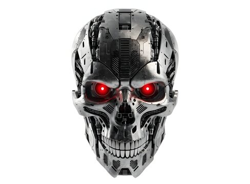 Advanced android robot face and artificial intelligence cybernetic head. Future technology network security. Metallic cyborg skull staring blankly forward with neon red glowing eyes