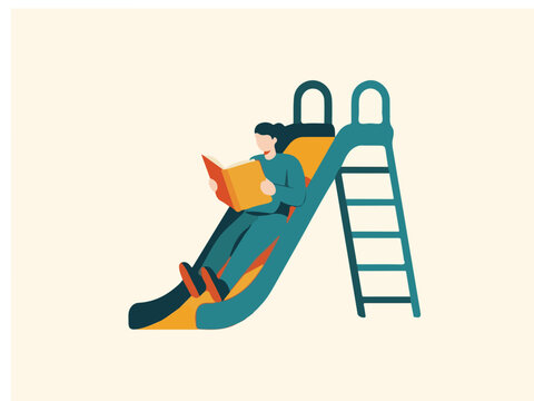 Young Woman Enjoying Reading a Book While Sitting on a Playground Slide Flat Vector Illustration