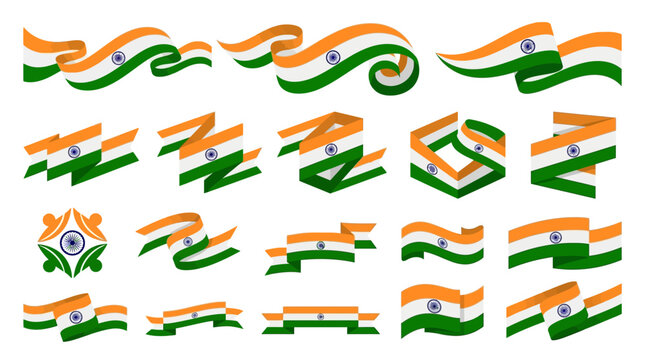 Indian flag ribbon collection, tricolor waving banners with Ashoka Chakra, set of 18 decorative national symbols for independence day and republic day