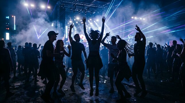 Diverse group of people dancing at a night music festival with laser lights
