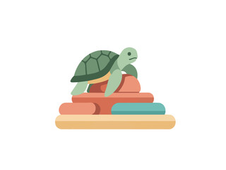 Obraz premium Minimalist Flat Illustration of a Green Sea Turtle Climbing on a Stack of Rounded Stones and Rocks