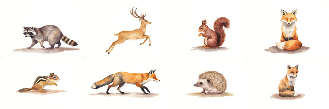 Watercolor painting set of various woodland animals including a deer, fox, raccoon, squirrel, chipmunk, and hedgehog on a white background