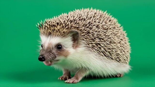 A cute african pygmy hedgehog posing against a vibrant green background